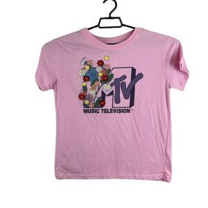 MTV Logo Juniors L (11-13) Pink Floral Embroidered Short Sleeve T shirt